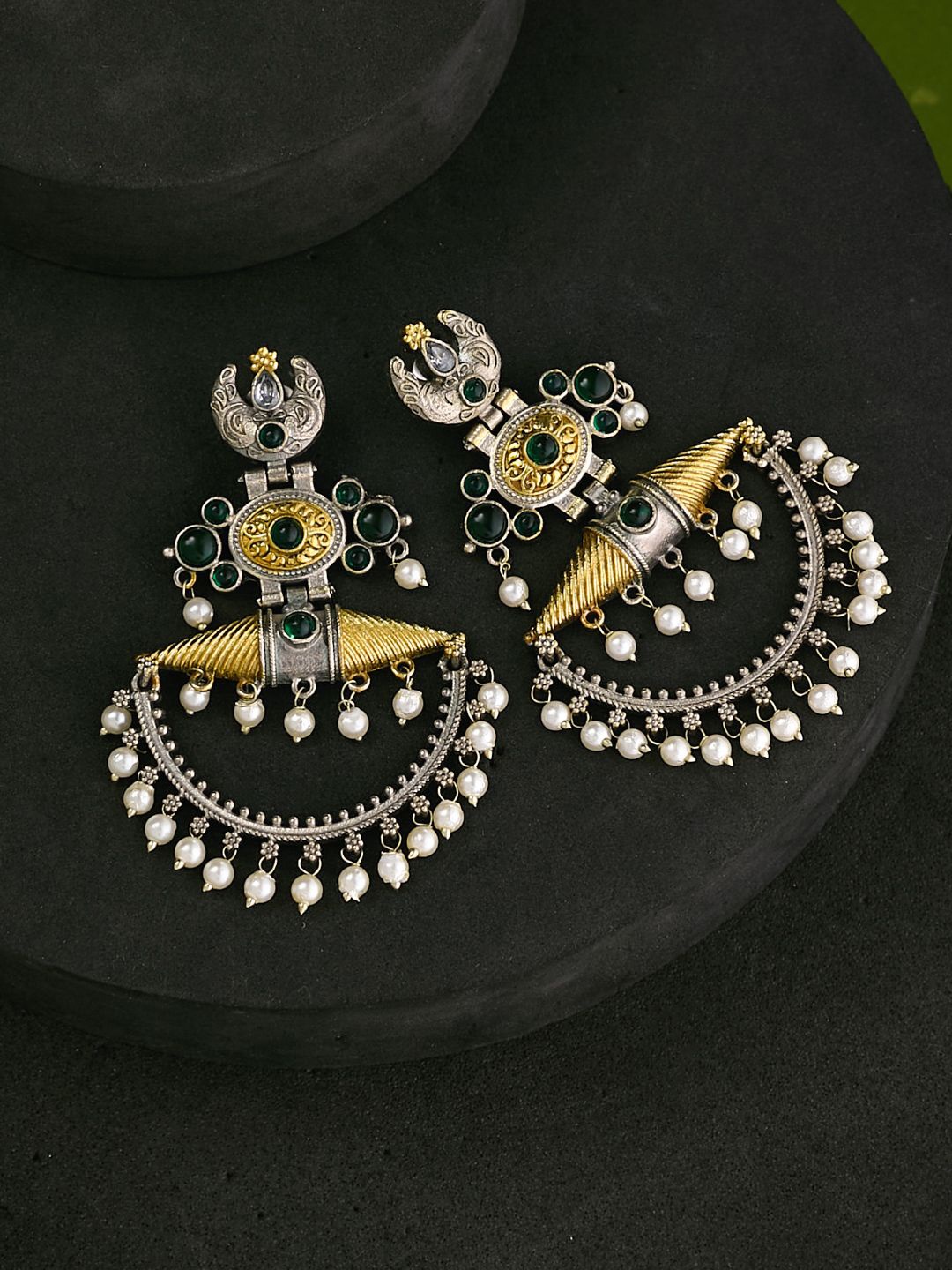 

ATIBELLE Silver-Plated German Silver Contemporary Stone Studded & Beaded Chandbalis