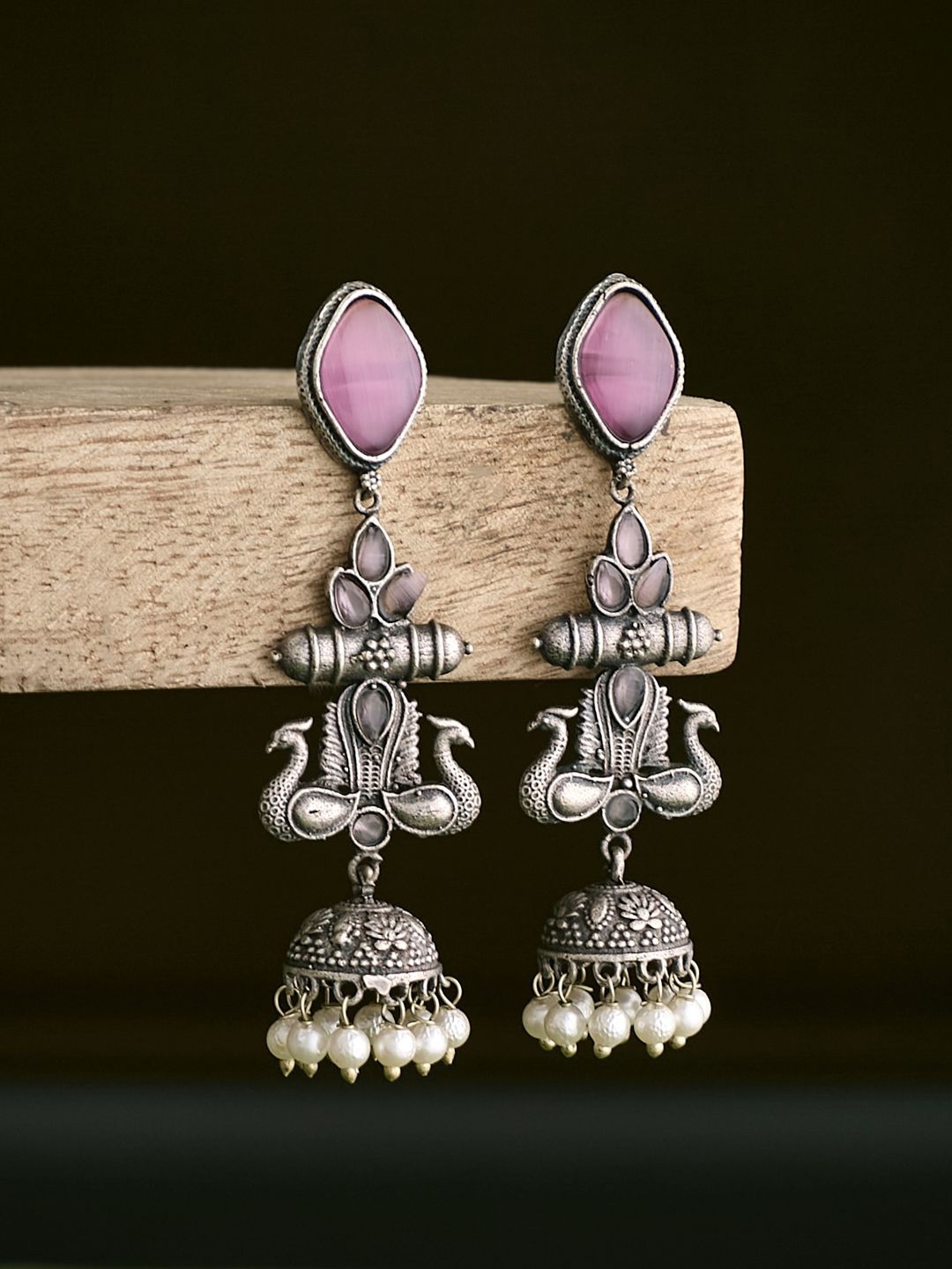 

ATIBELLE Silver-Plated German Silver Contemporary StoneStudded & Beaded Oxidised Jhumkas