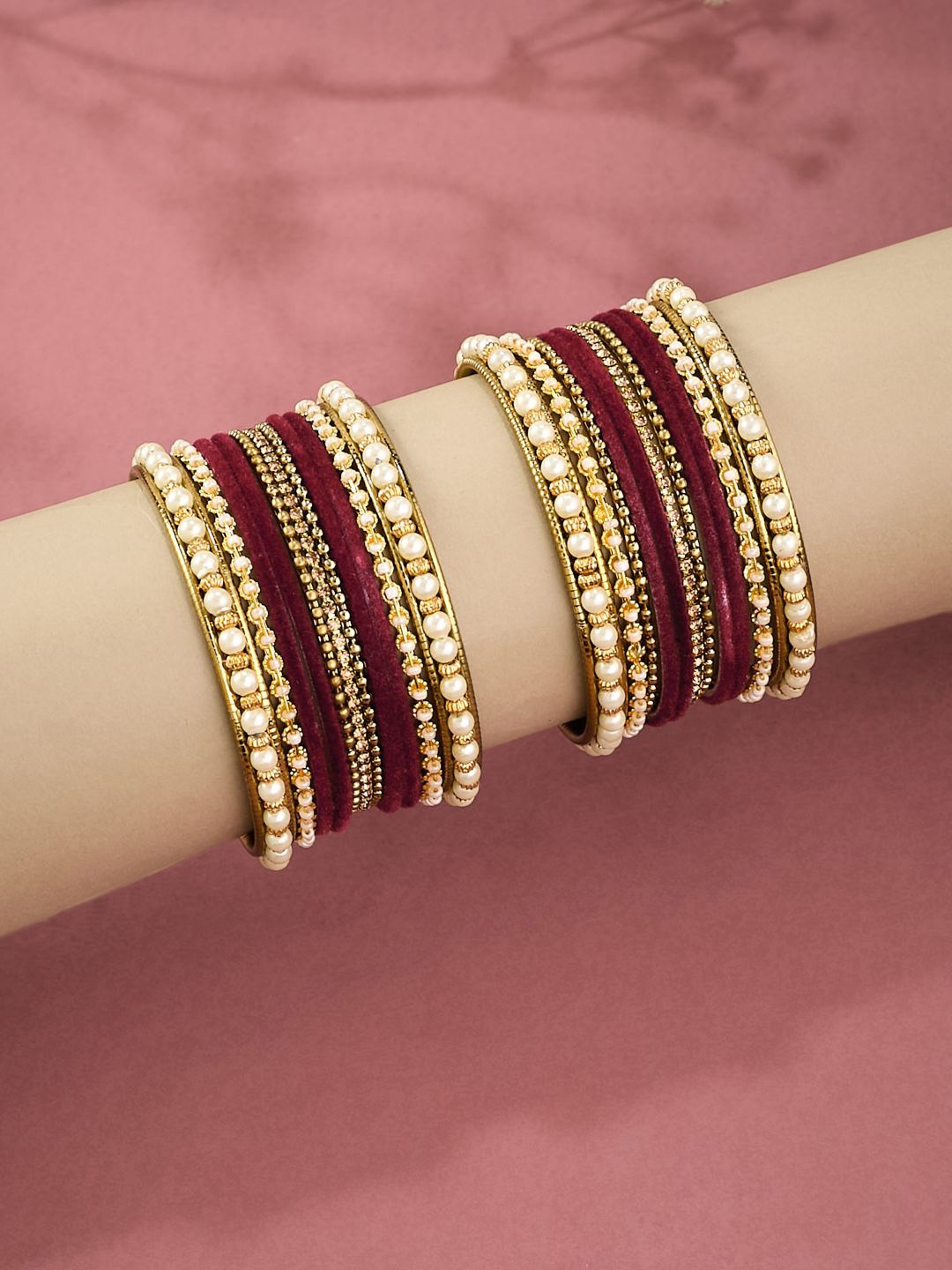 

ATIBELLE Set Of 22 Gold Plated Stone Studded-Textured Bangles