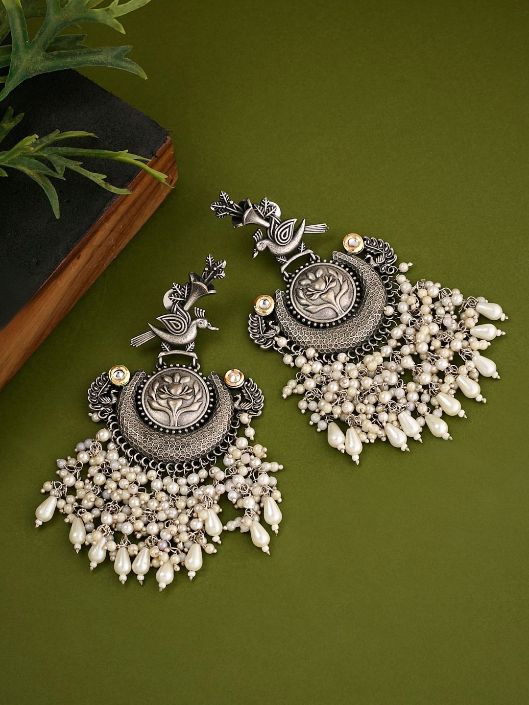 

ATIBELLE Silver-Plated Peacock Shaped German Silver Kundan Studded Oxidised Drop Earrings