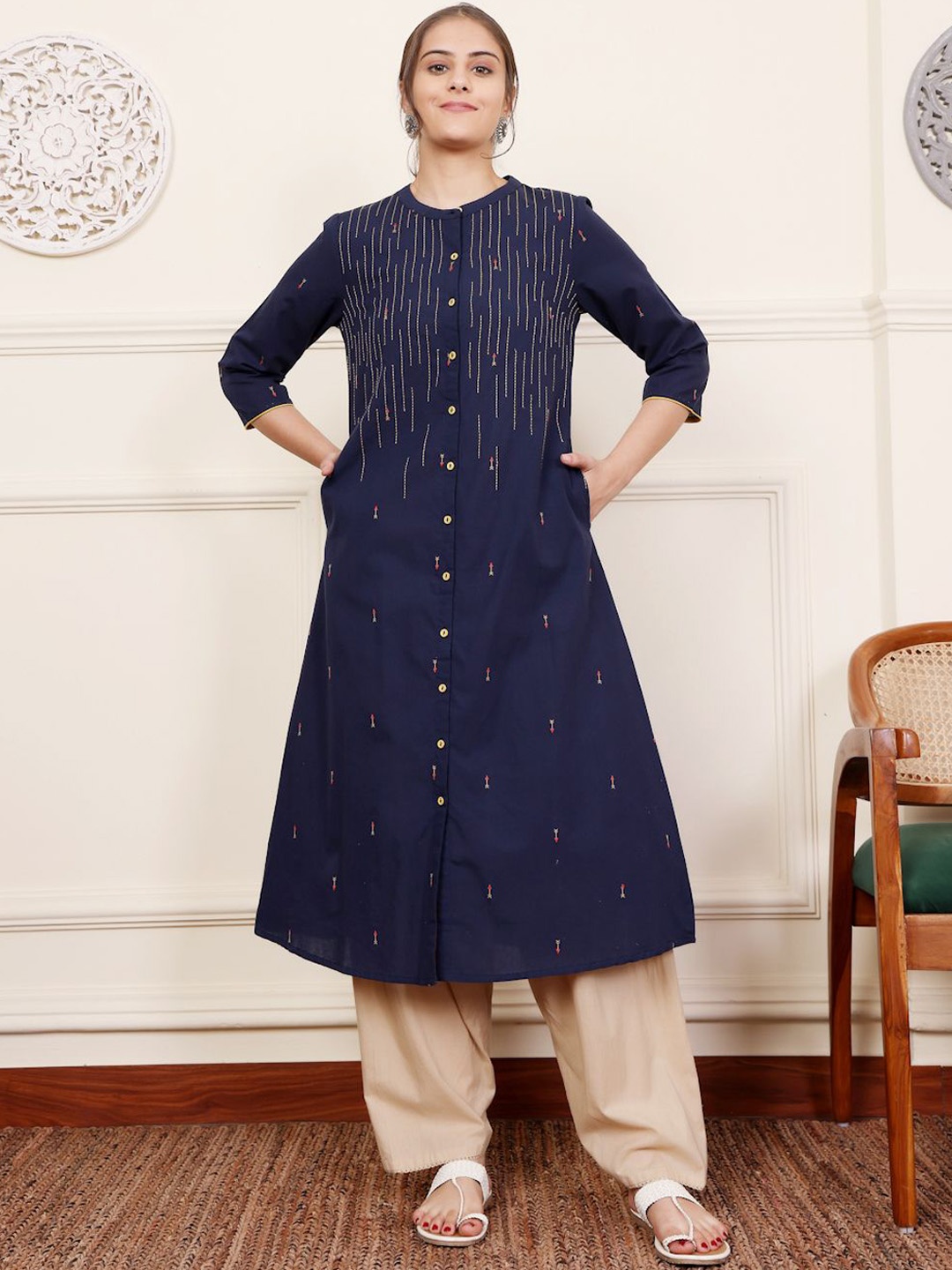 

SAVI Geometric Embroidered Band Collar Thread Work A-Line Cotton Kurta, Blue