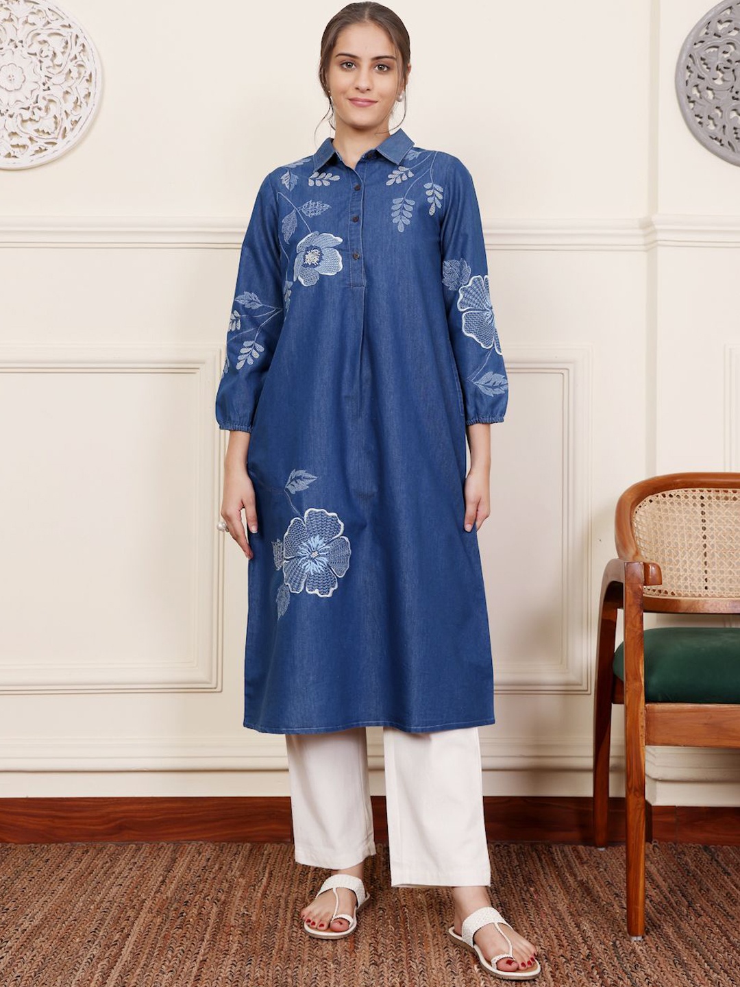 

SAVI Floral Embroidered Shirt Collar Puff Sleeves Pure Cotton A-Line Kurta, Blue