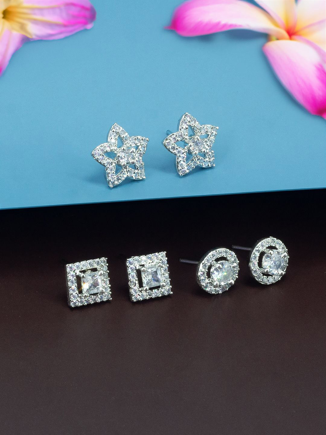 

PRIVIU Set Of 3 Rhodium-Plated American Diamond Stones Studded Geometric Studs, Silver