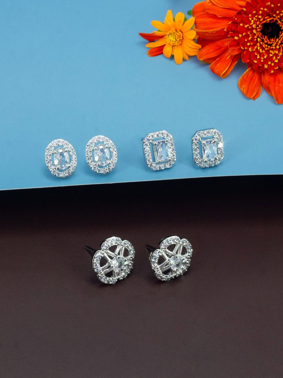 

PRIVIU Set Of 3 Rhodium-Plated American Diamond Stones Studded Geometric Studs, Silver