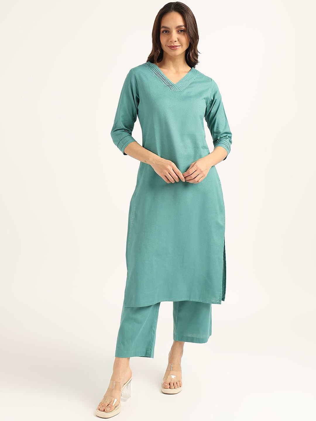 

BLOCKS OF INDIA V-Neck Pure Cotton Straight Kurta with Trousers, Green