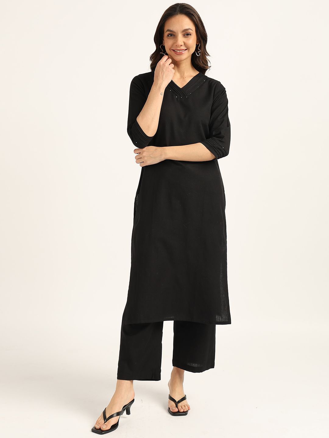 

BLOCKS OF INDIA V-Neck Straight Pure Cotton Kurta with Trousers, Black