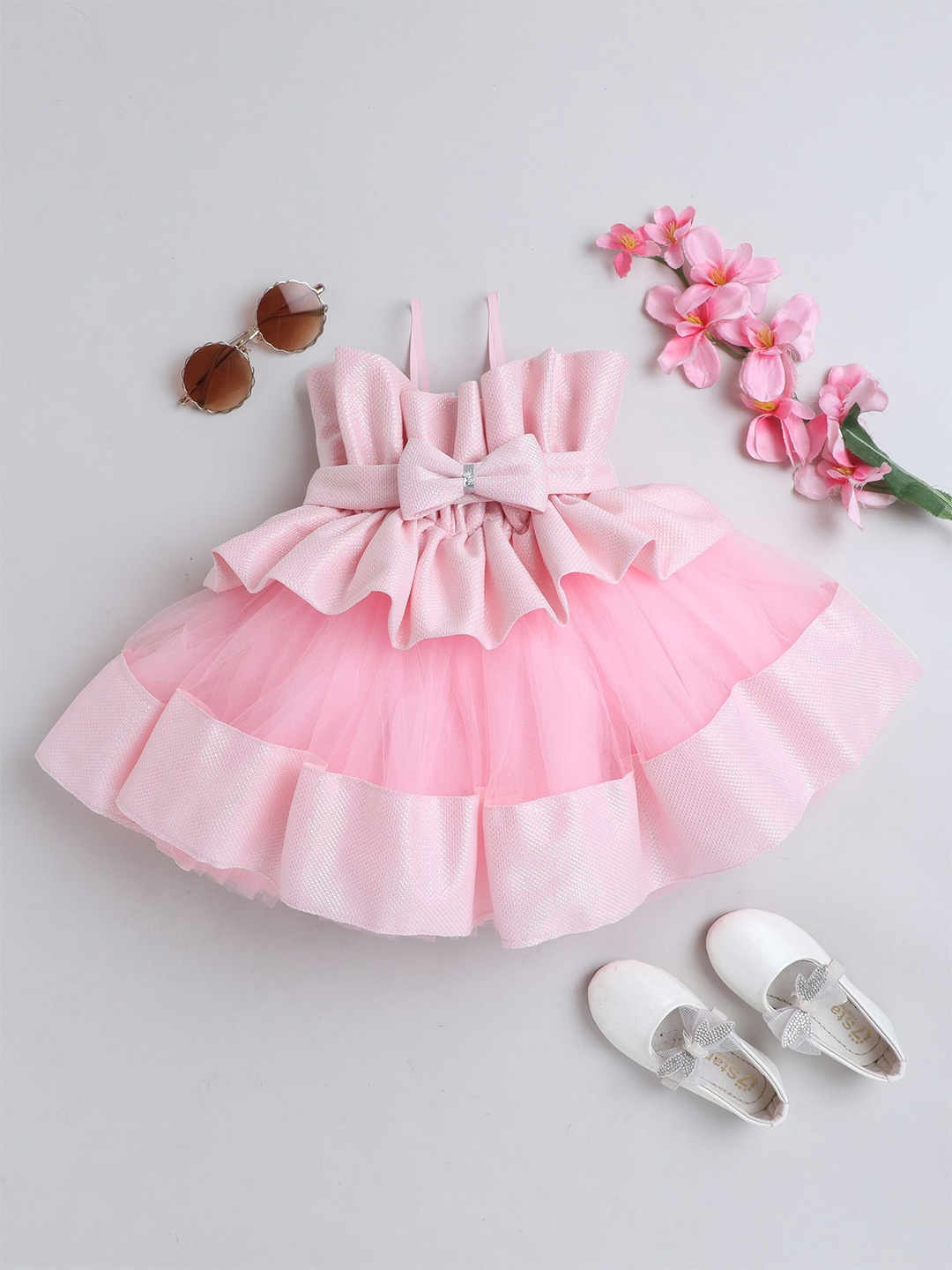 

TINY MINY ME Girls Shoulder Straps Self Design Satin Dress, Pink