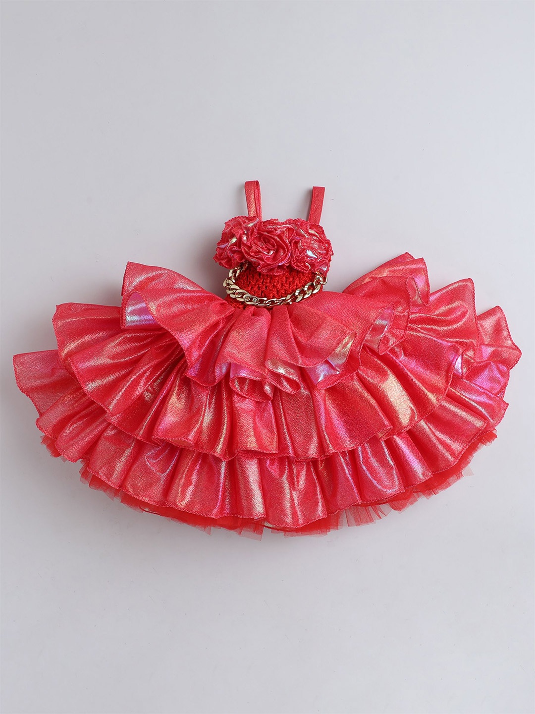 

TINY MINY ME Girls Self Design Floral Ruffles Gown Dress, Red