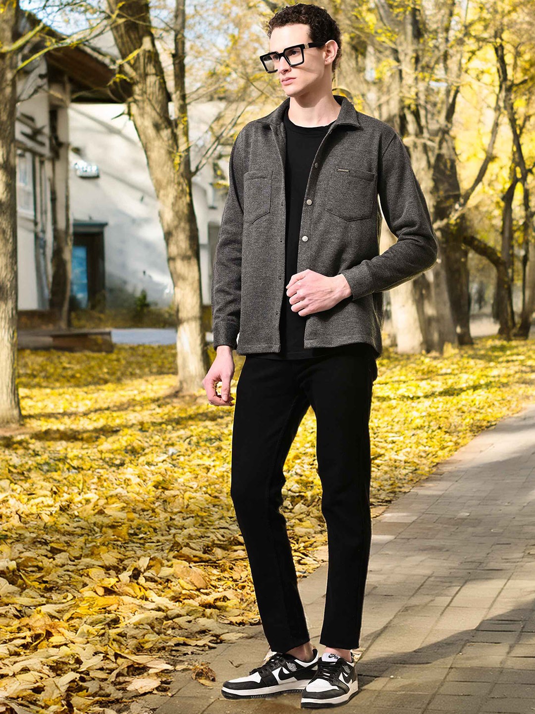 

STARFOX Spread Collar Long Sleeves Woollen Pocket Detailing Shacket, Charcoal