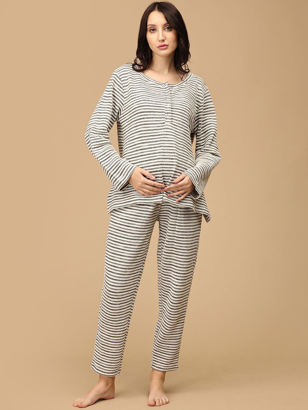

The Mom Store Women Striped Maternity Pure Cotton Night suits, White