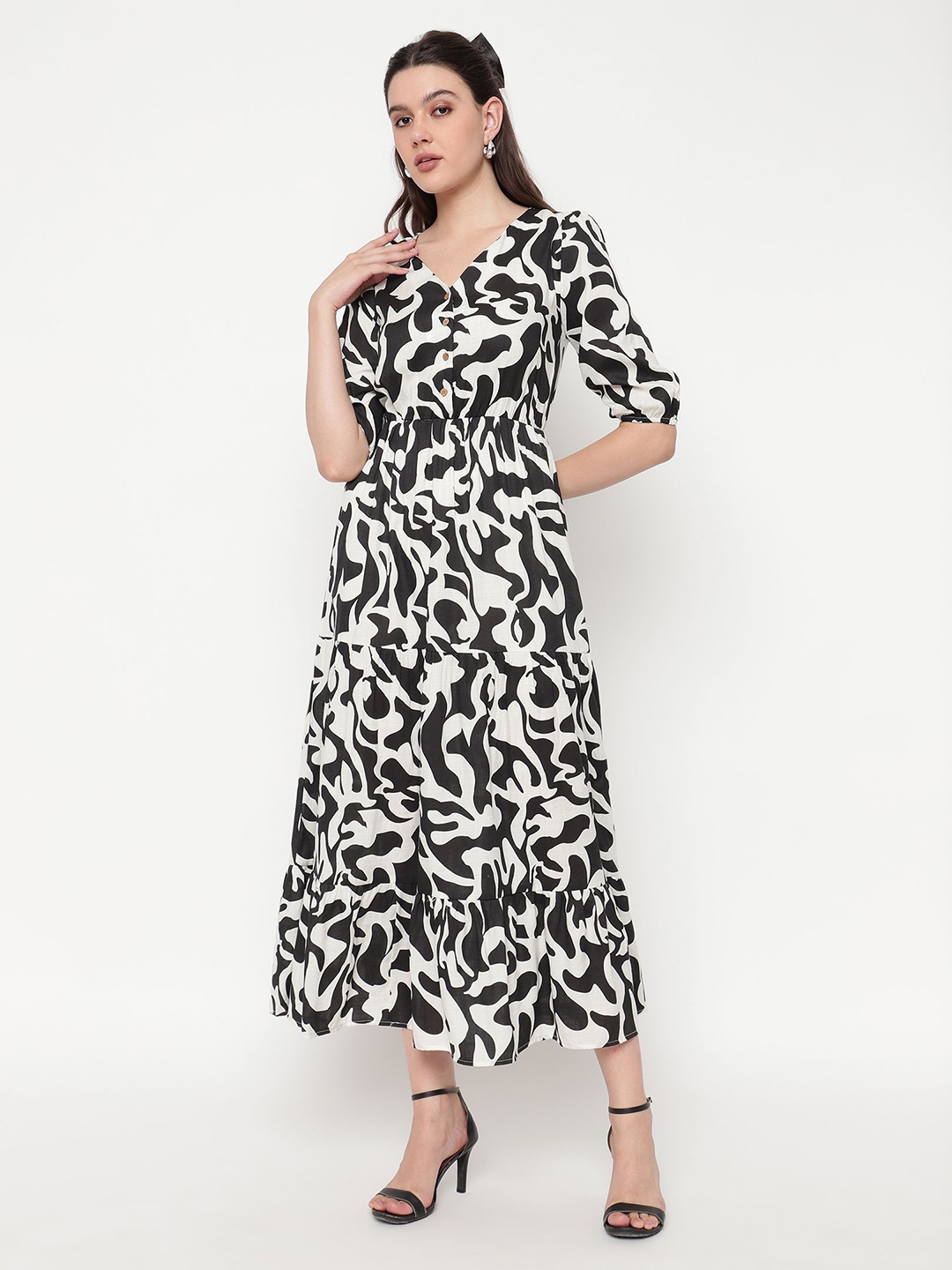 

ROSEMELON Women Cotton Animal Printed Puff Sleeves Fit & Flare Midi Dress, Black