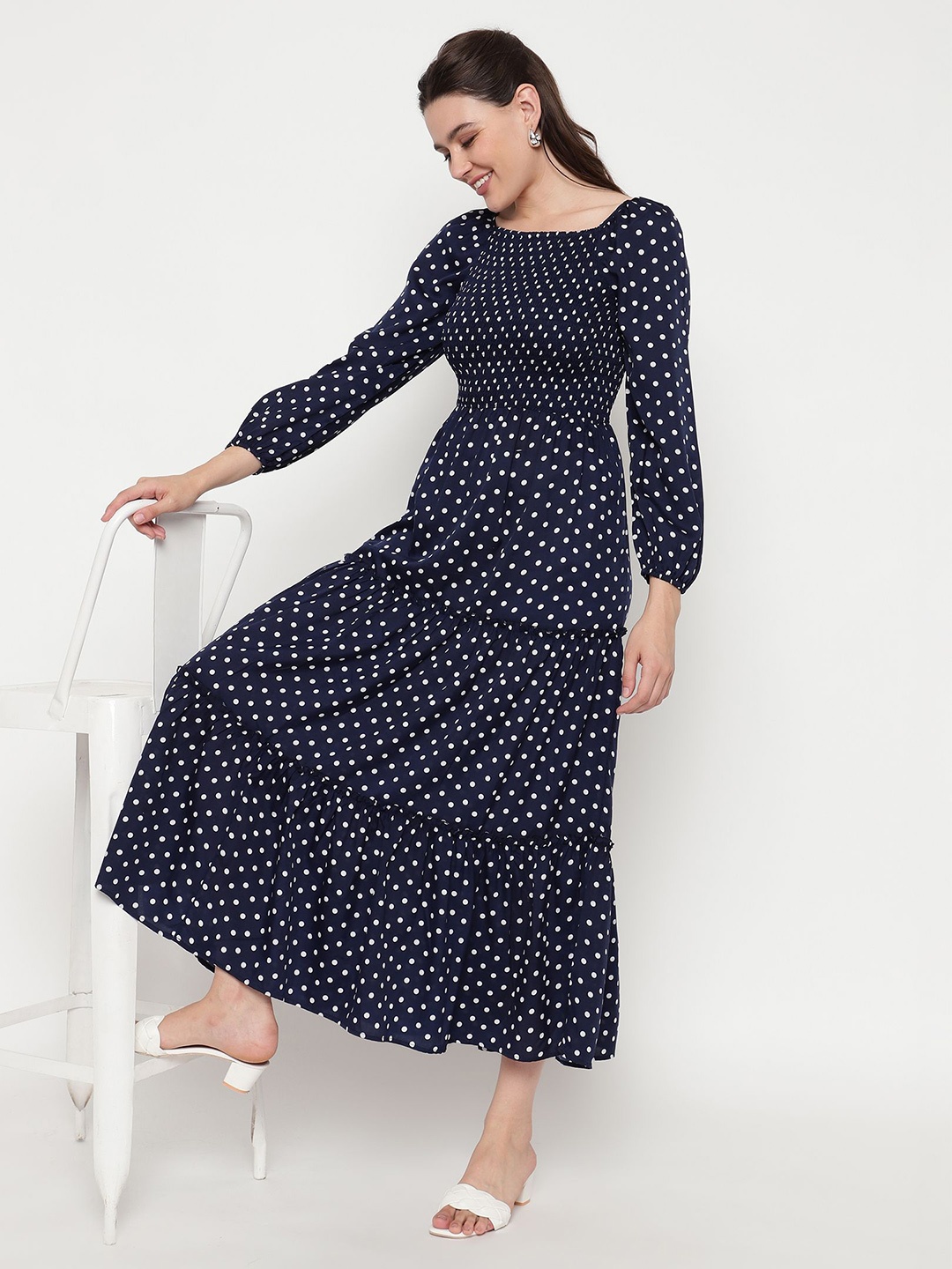 

ROSEMELON Women Polka Dot Print Puff Sleeve Crepe Fit & Flare Midi Dress, Navy blue