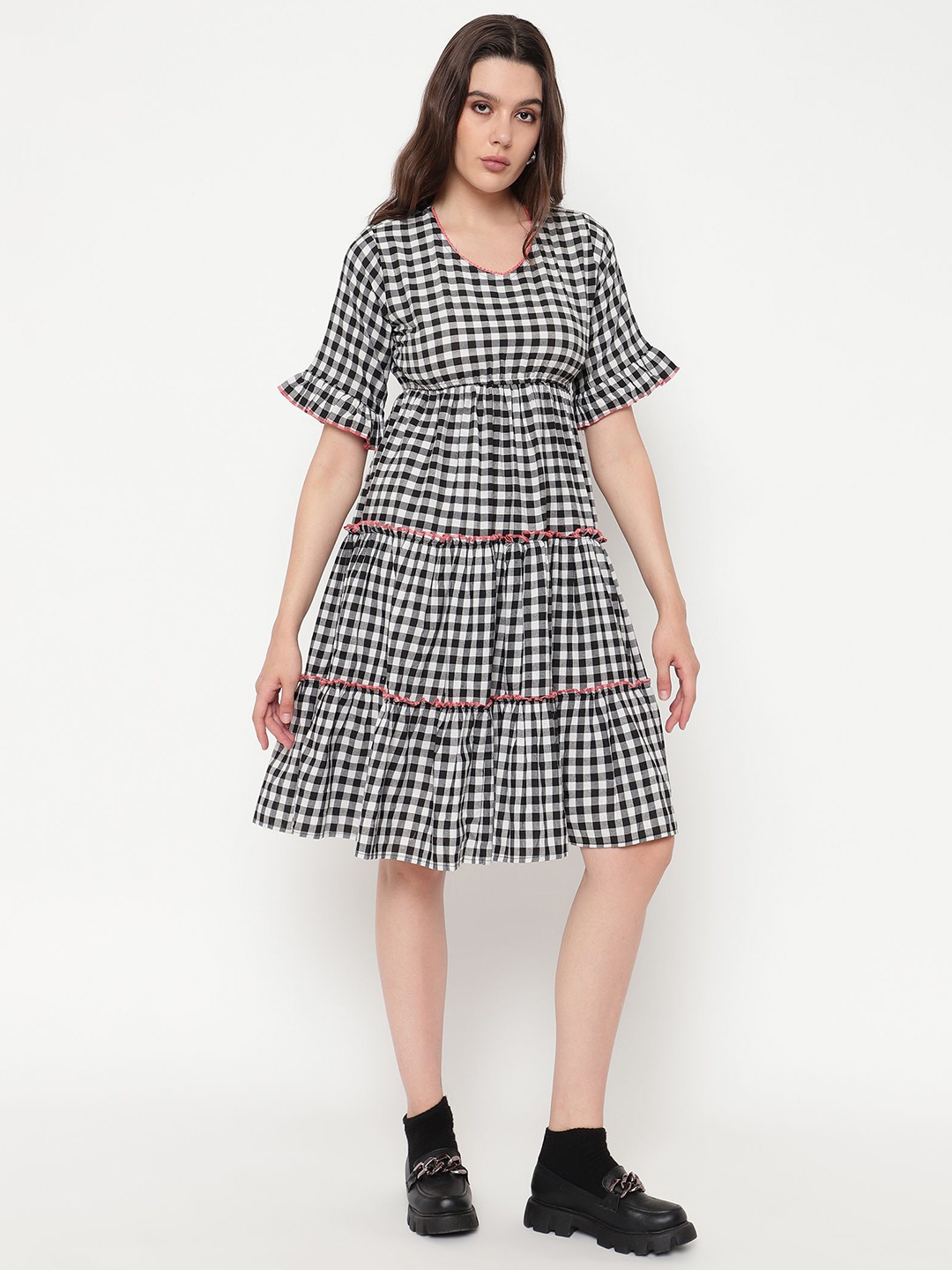 

ROSEMELON Women Cotton Checked Fit & Flare Dress, Black