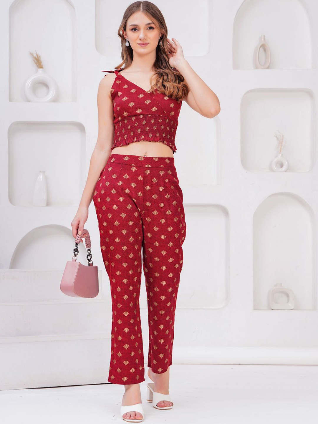 

HIGHLIGHT FASHION EXPORT Printed Shoulder Straps Neck Sleeveless Top With Trouser, Maroon