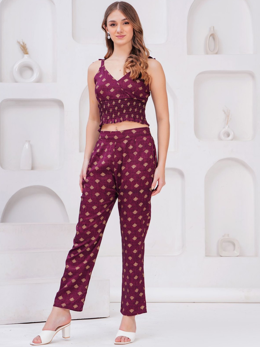 

HIGHLIGHT FASHION EXPORT Printed Shoulder Straps Neck Sleeveless Top With Trouser, Burgundy