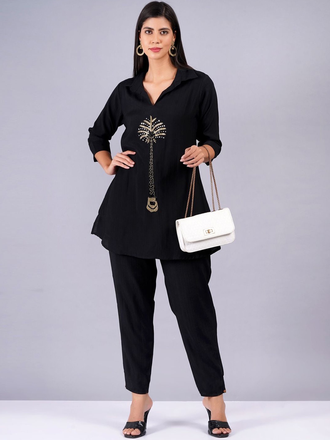 

HIGHLIGHT FASHION EXPORT Embellished Shirt Collar Tunic With Trouser, Black