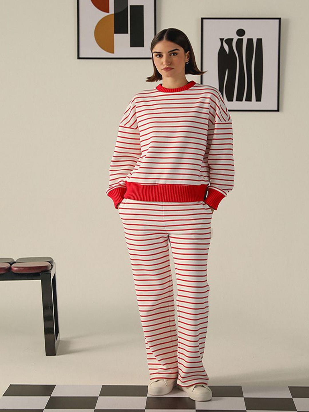 

Muvazo Women Striped Round Neck Sweatshirt, Red