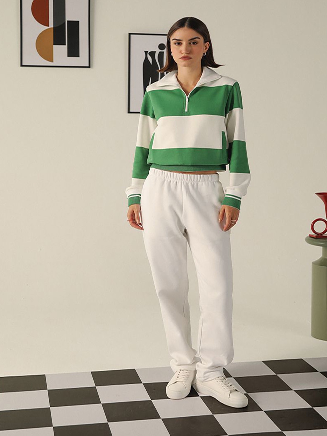 

Muvazo Women Striped Printed Sweatshirt, Green