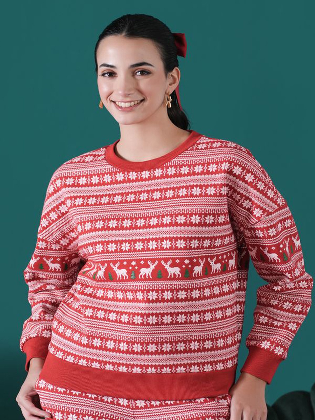 

Muvazo Women Round Neck Pullover Sweatshirt, Red