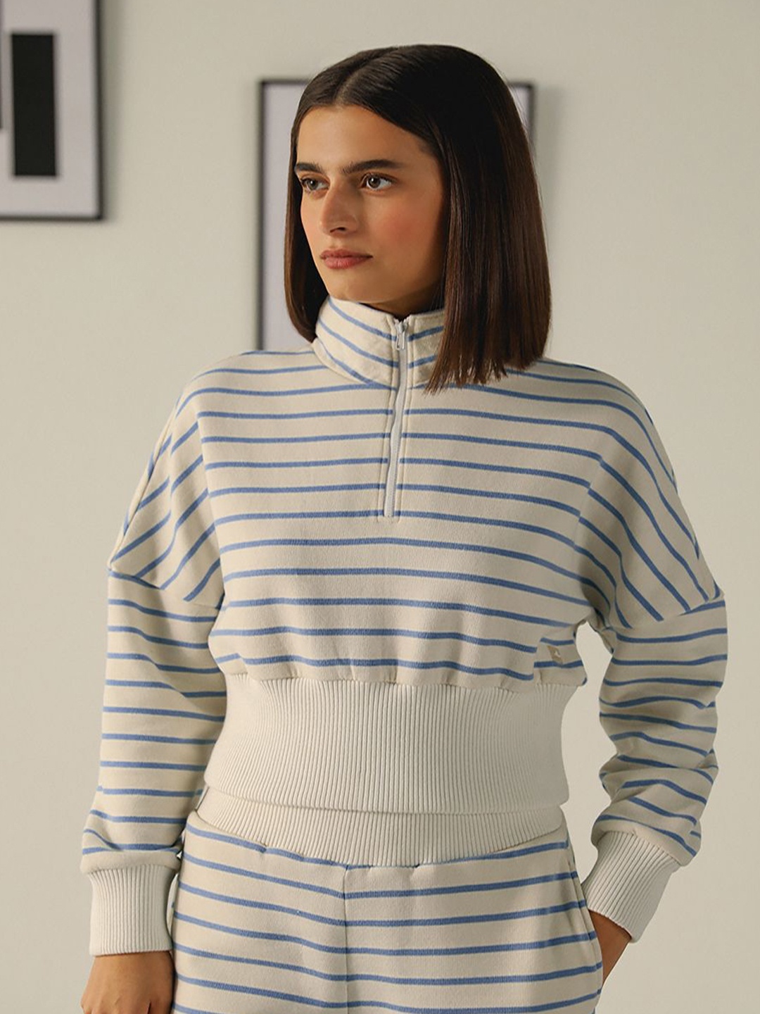 

Muvazo Women Stripe Printed High Neck Sweatshirt, Blue