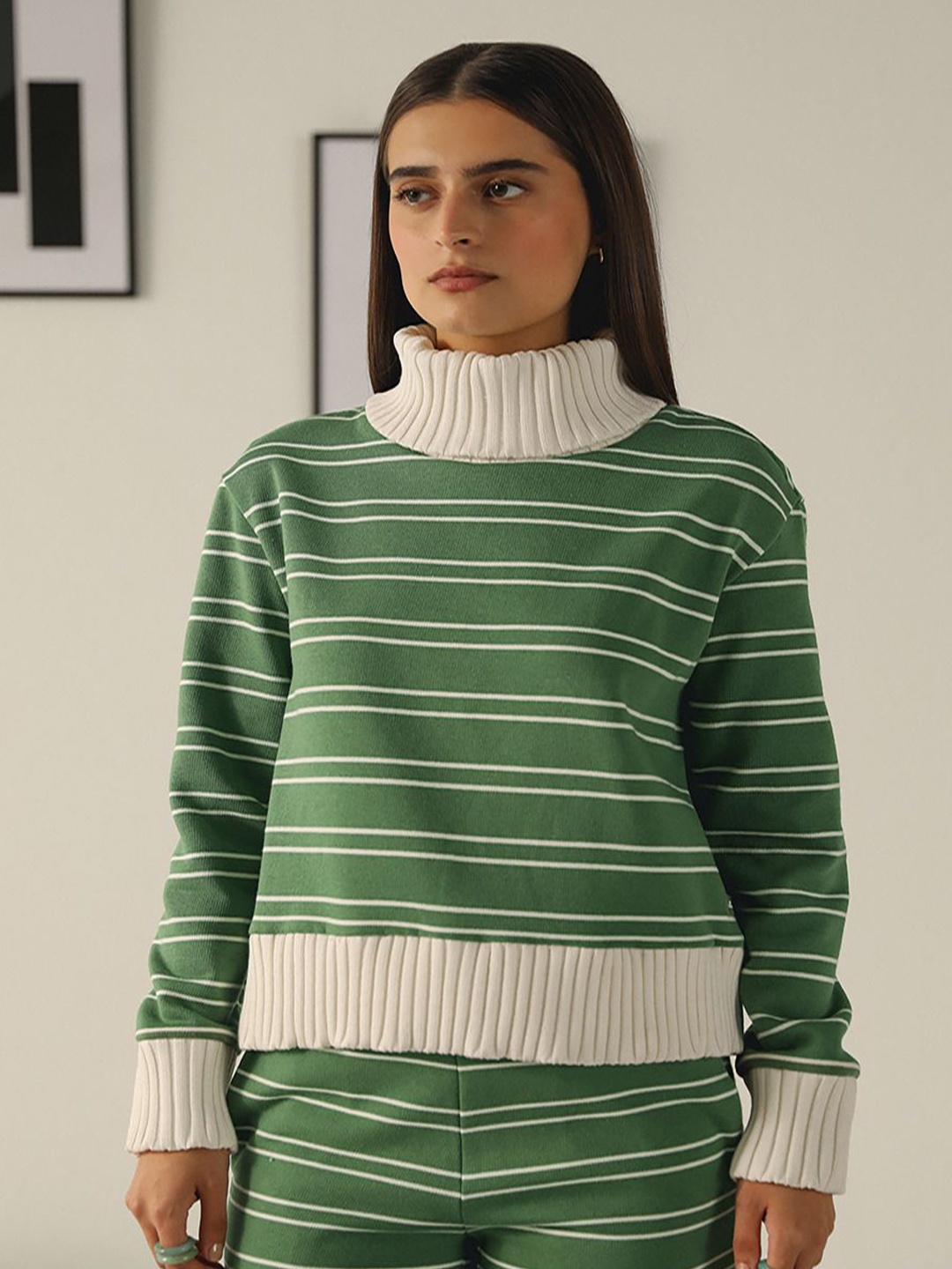 

Muvazo Women Striped Printed Sweatshirt, Green
