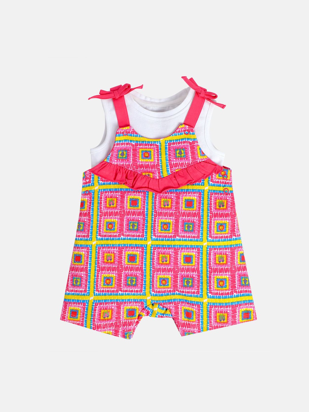 

MINI KLUB Girls Printed Sleeveless Dungaree With Top, Pink