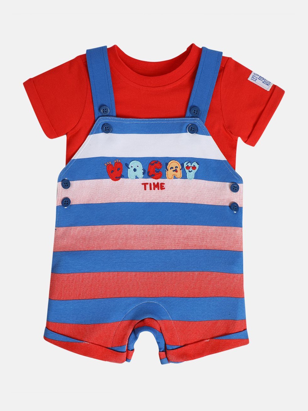

MINI KLUB Infant Boys Striped Pure Cotton Dungaree With T-Shirt, Red