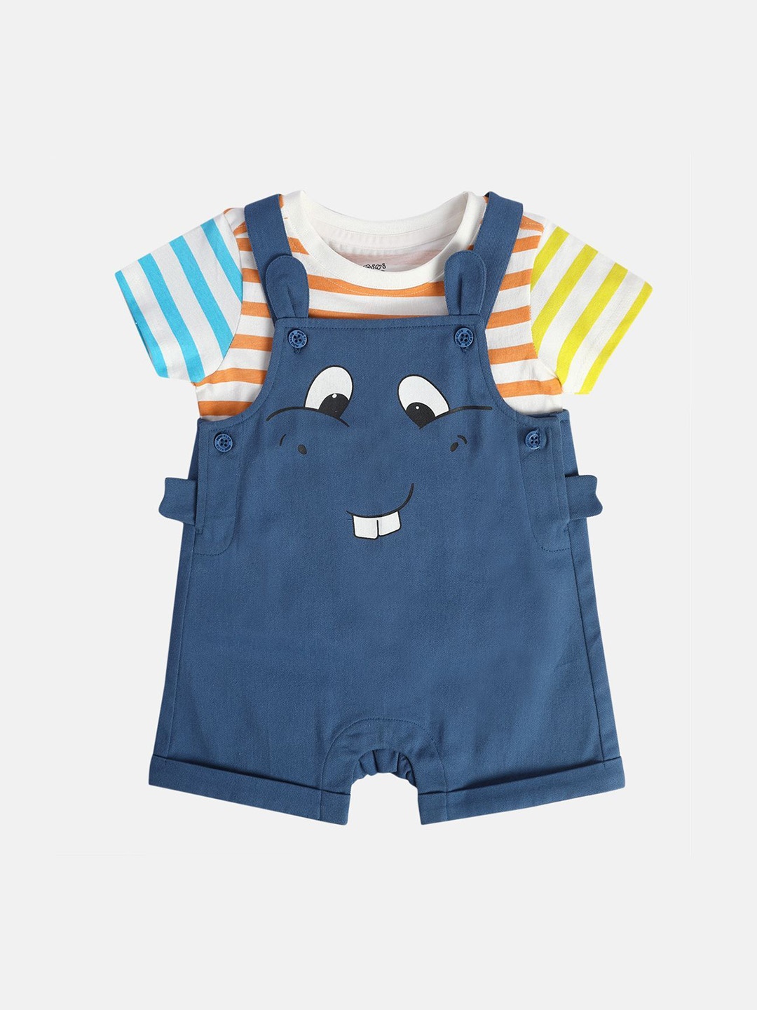 

MINI KLUB Boys Cartoon Printed Pure Cotton Dungaree With T-Shirt, Blue