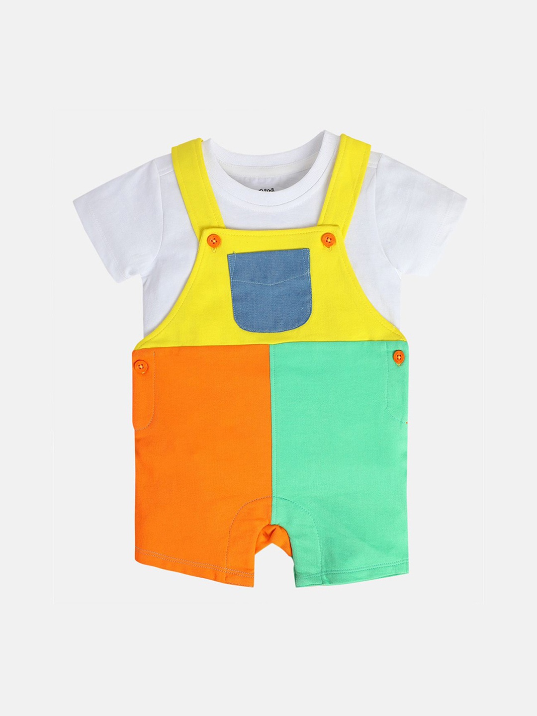 

MINI KLUB Boys Colourblocked Cotton Dungaree With Tee, Yellow