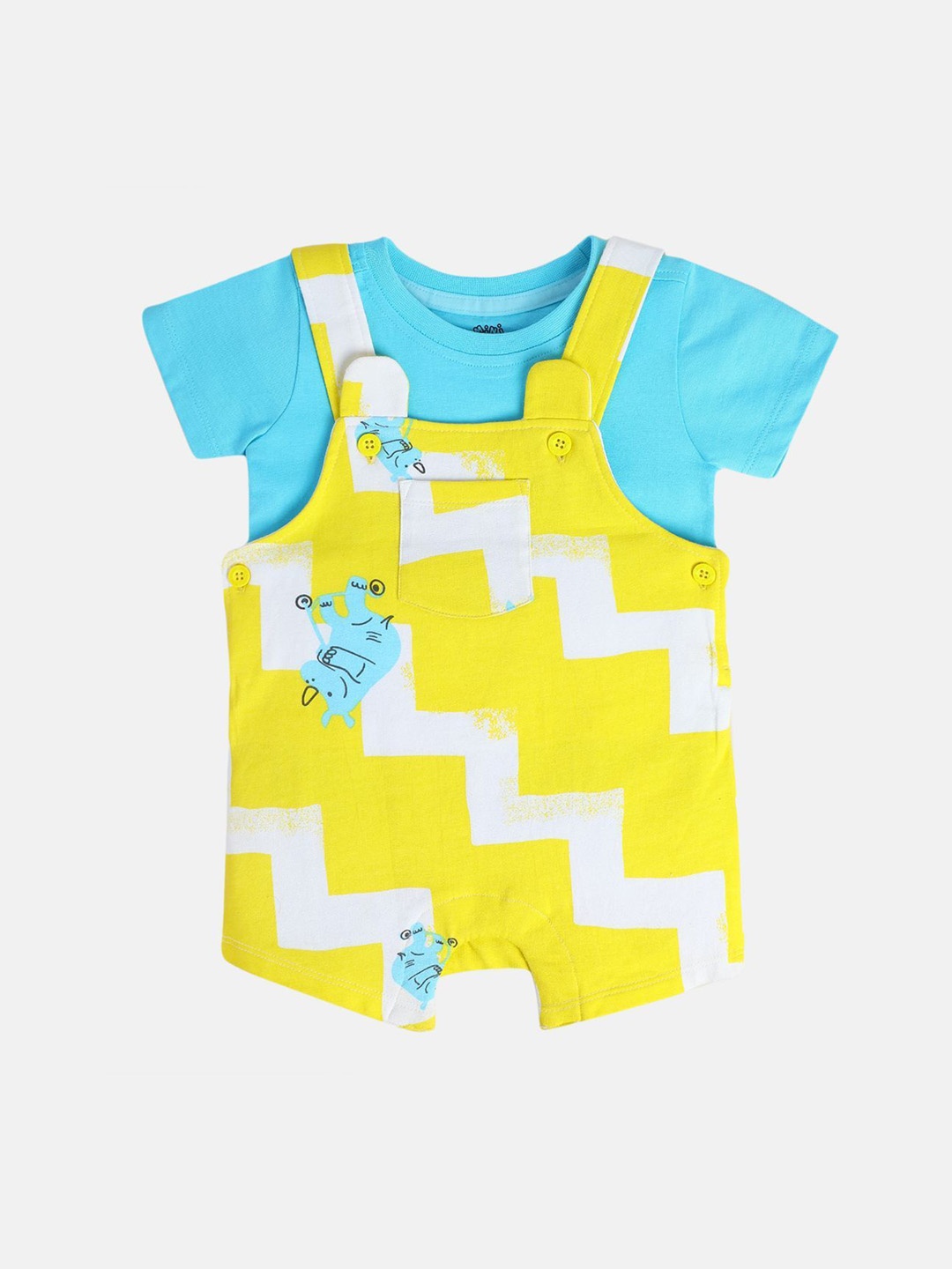 

MINI KLUB Boys Animal Printed Cotton Dungaree With T-Shirt, Yellow