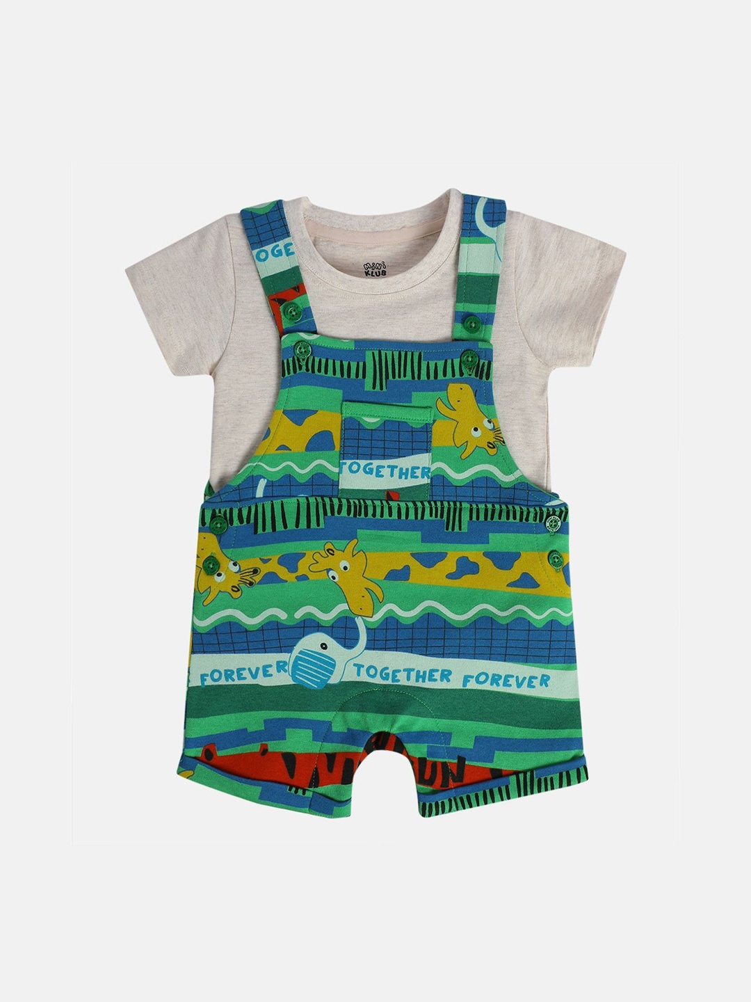 

MINI KLUB Boys Printed Pure Cotton Dungaree With T-Shirt, Green