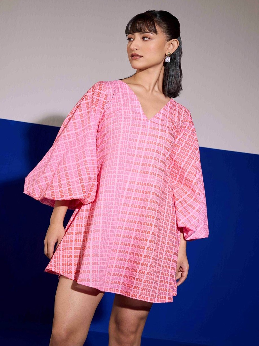 

SIL SILA Women Print Flared Sleeve A-Line Dress, Pink
