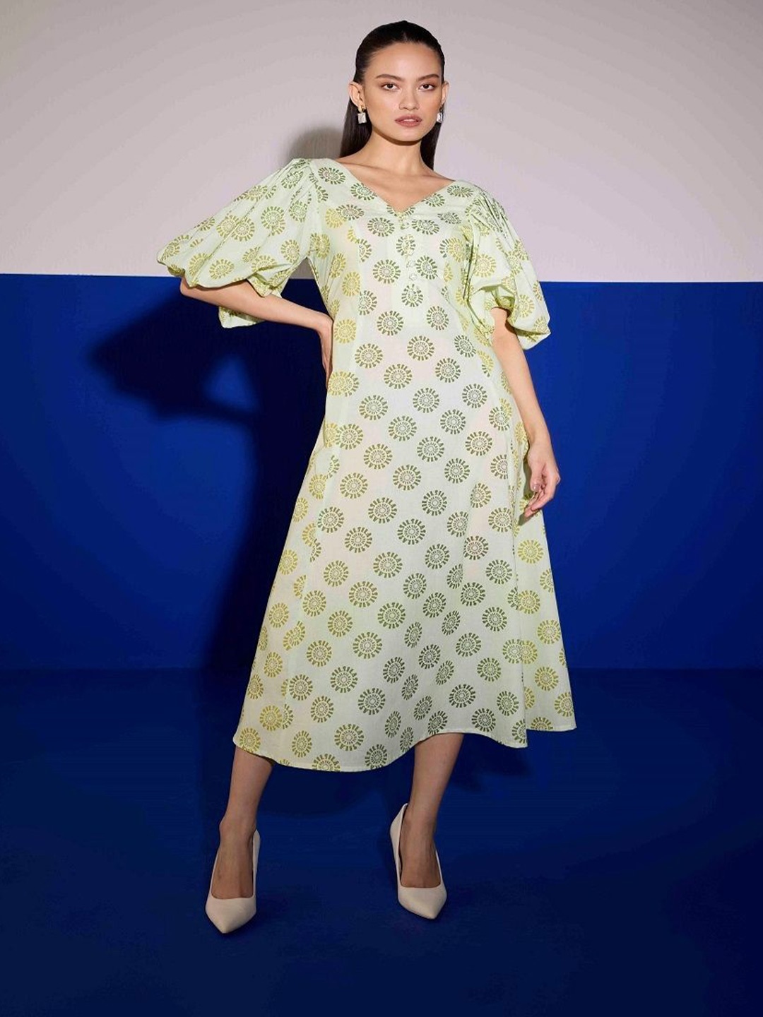 

SIL SILA Printed A-Line Midi Dress, Green