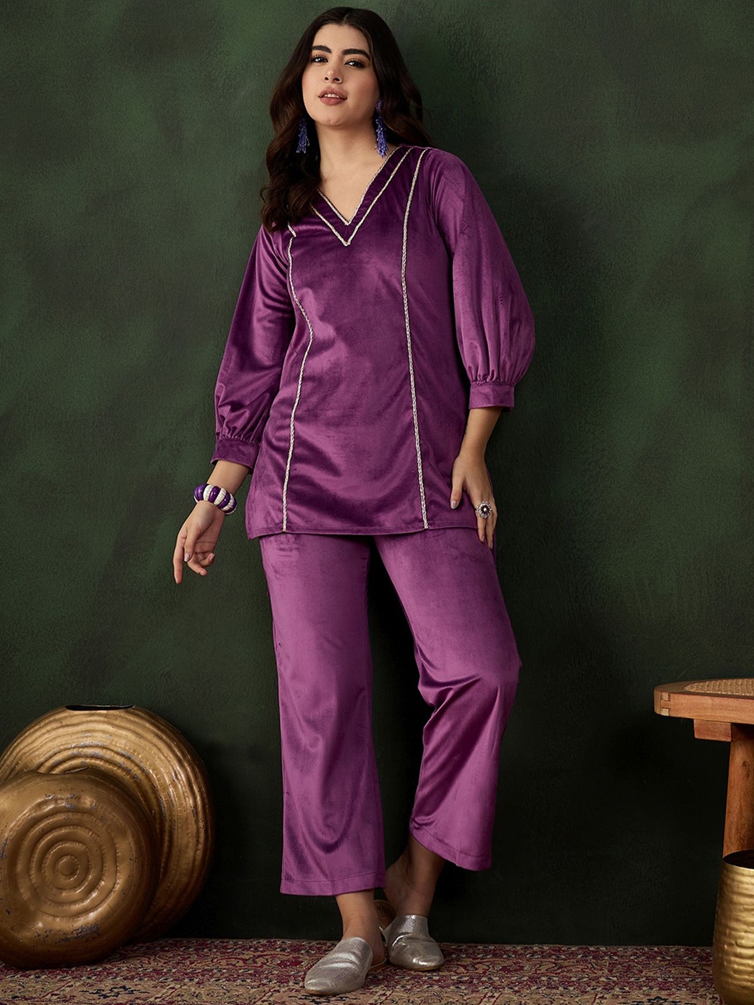 

Sangria Velvet V-Neck Winter Tunic & Trouser, Purple