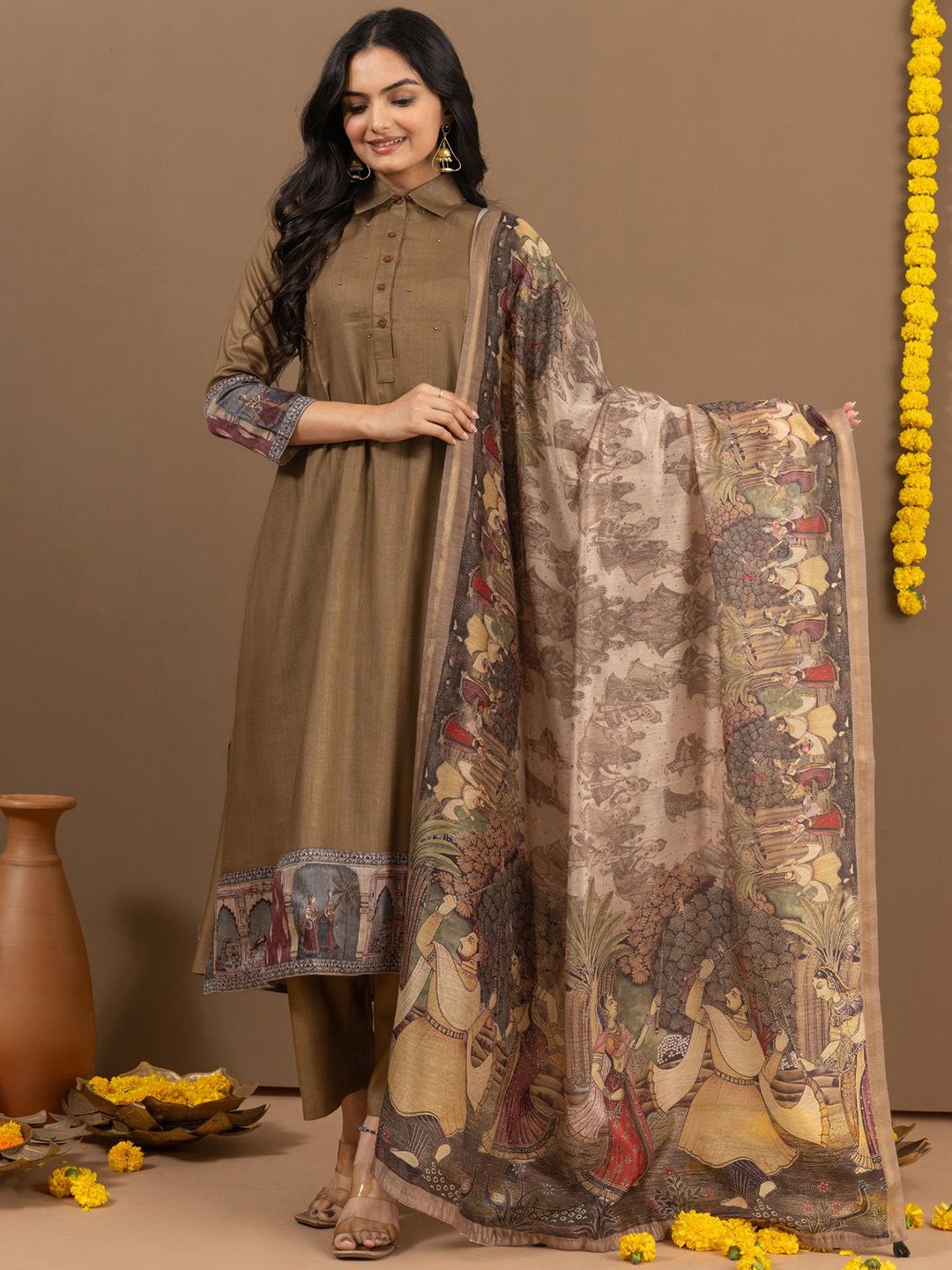 

Ekana Shirt Collar Straight Kurta with Pyjamas & Dupatta, Brown