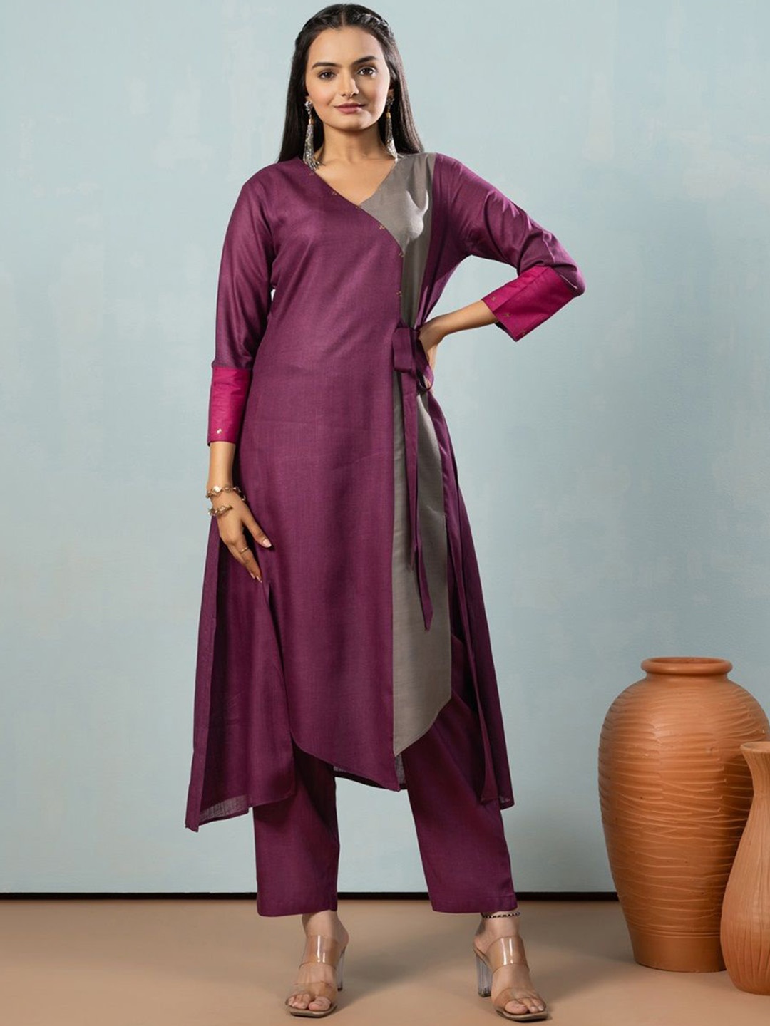 

Ekana V-Neck Sequinned Angrakha A-Line Kurta, Purple