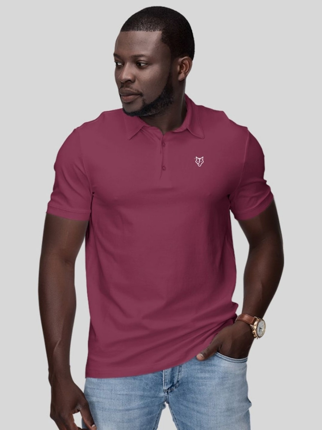 

BWOLVES Men Solid Polo Collar Cotton T-shirt, Mauve