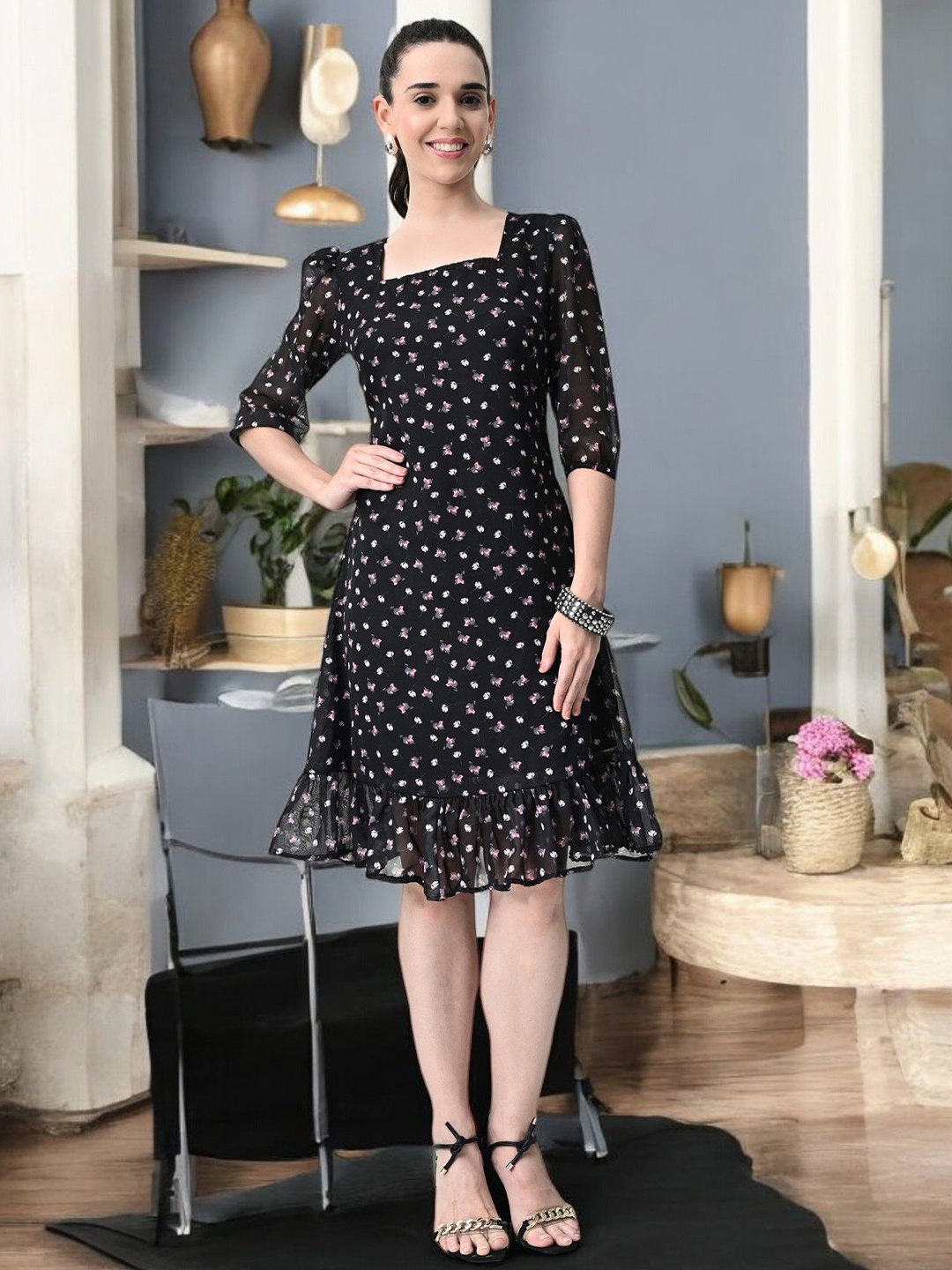 

Arbiter Collection Women Polka Dot Printed Fit & Flare Dress, Black