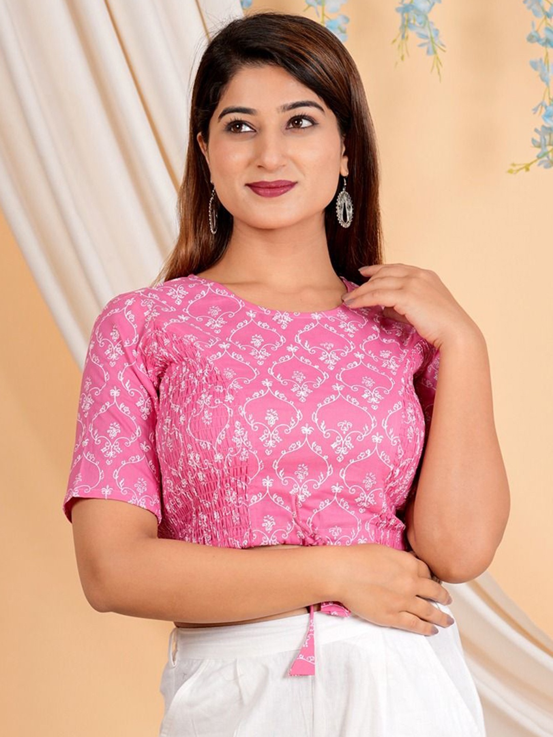 

IKRASS Women Floral Printed Cotton Saree Blouse, Pink