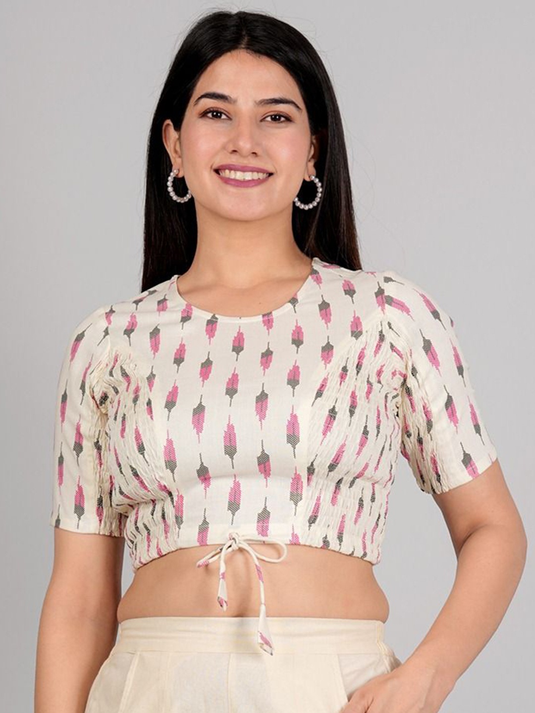 

IKRASS Printed Round Neck Saree Blouse, White