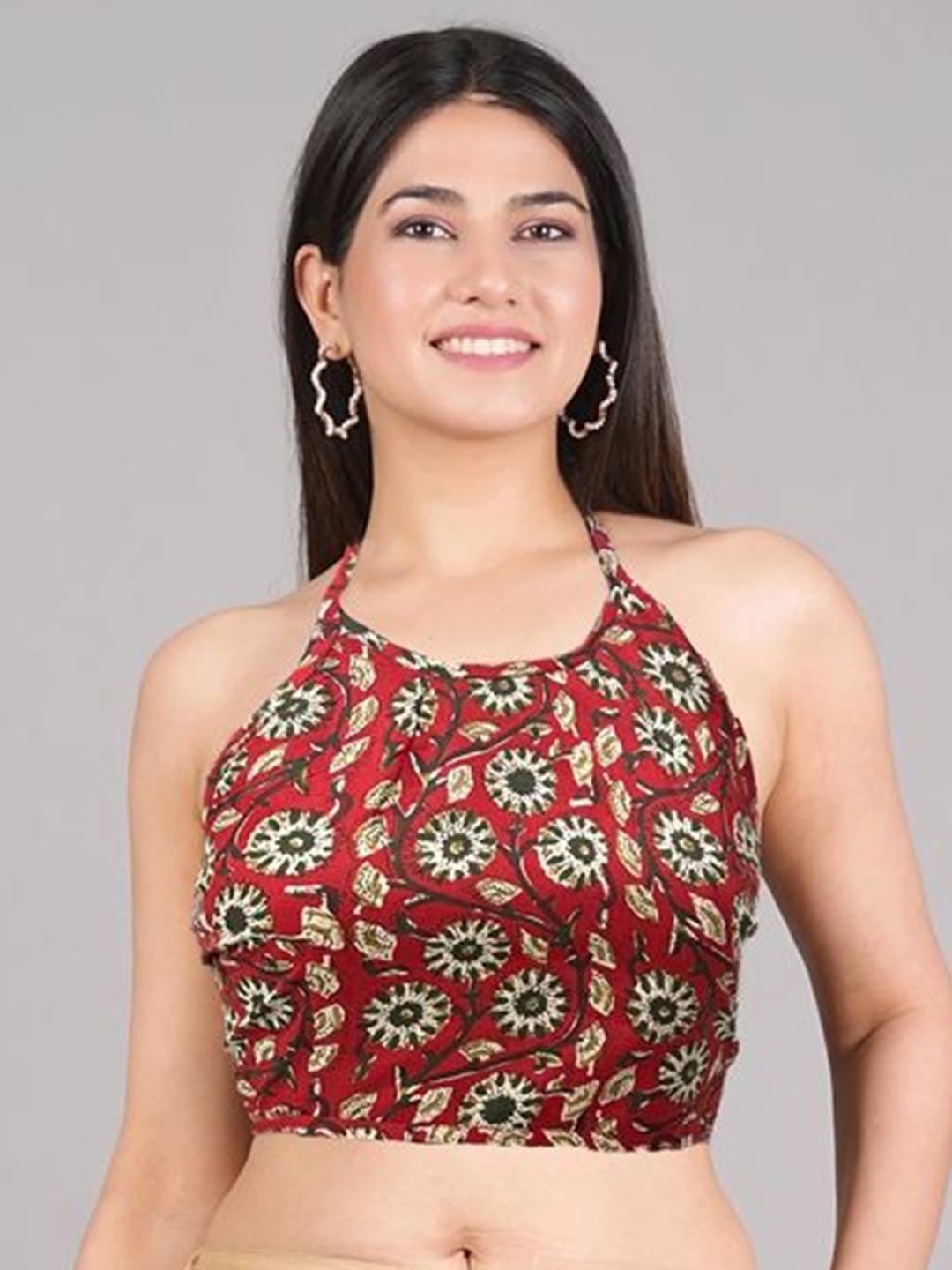 

IKRASS Women Printed Halter Neck Sleeveless Cotton Saree Blouse, Maroon