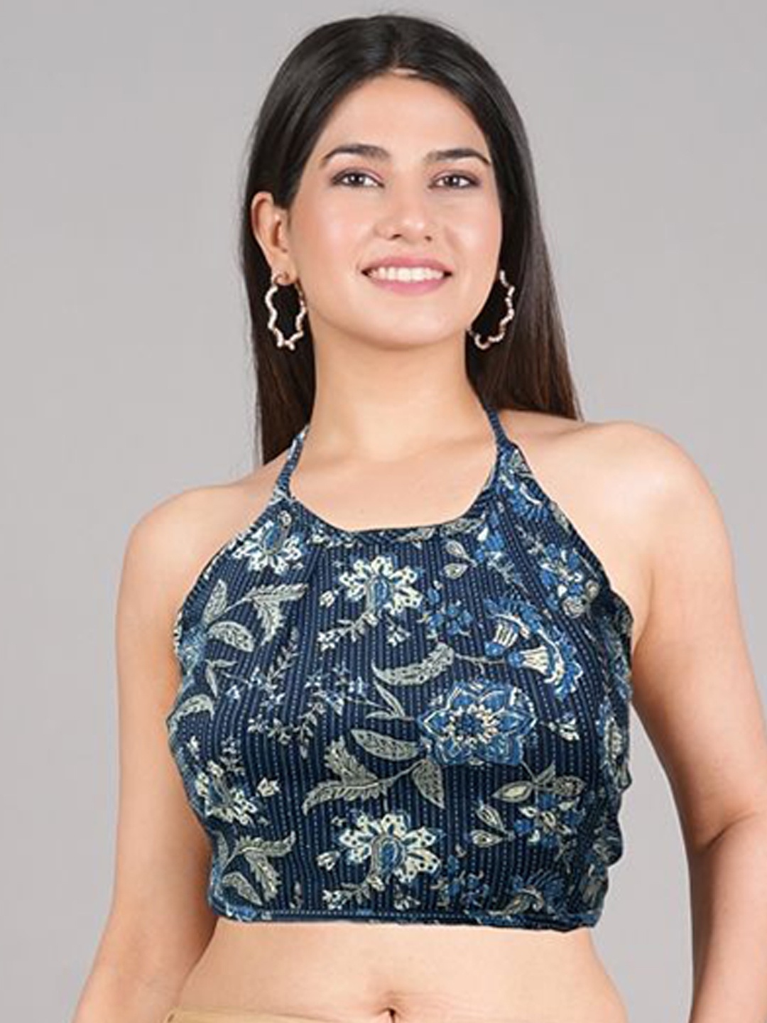 

IKRASS Printed Cotton Halter Neck Saree Blouse, Blue