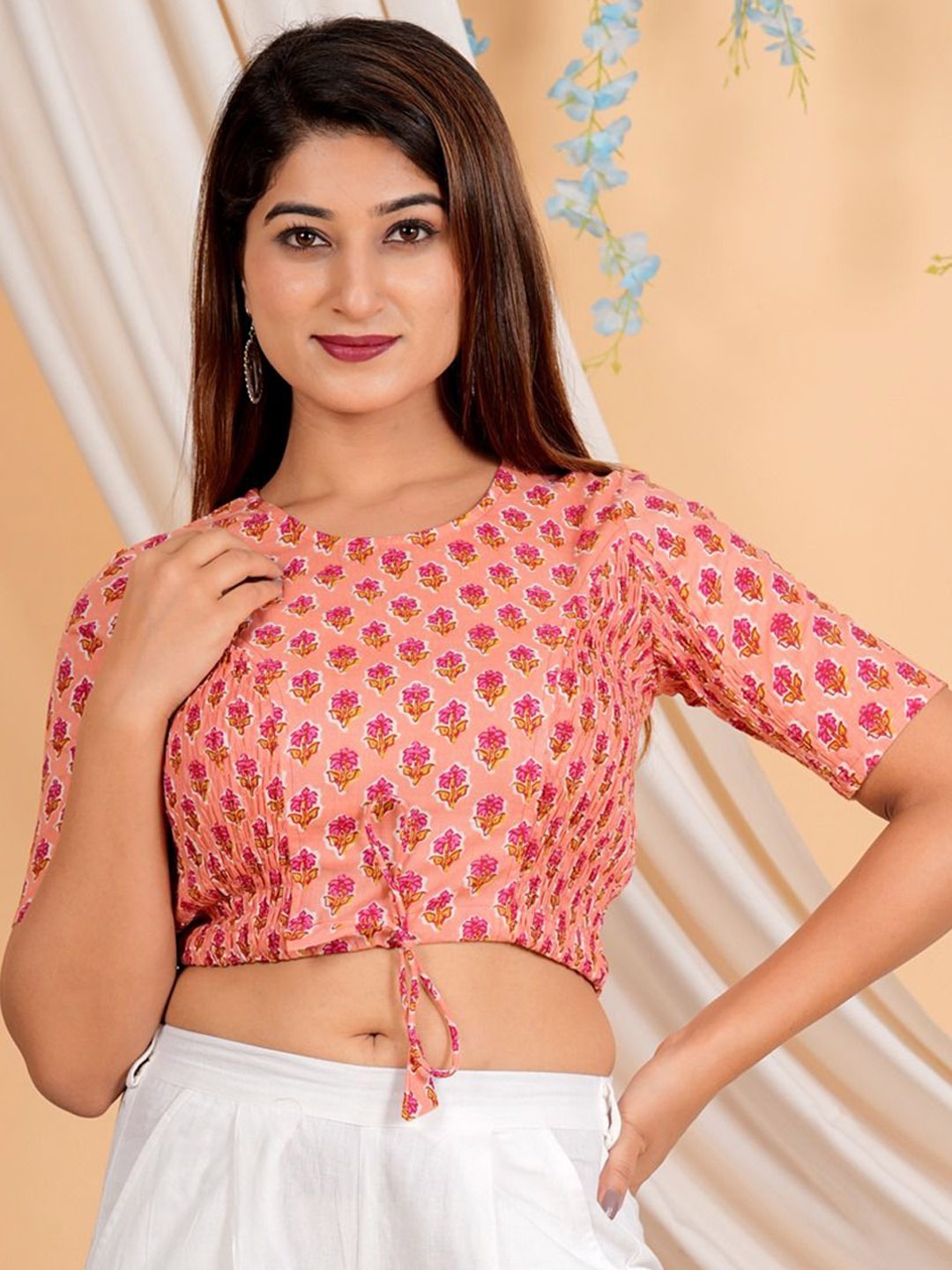 

IKRASS Women Floral Printed Cotton Saree Blouse, Pink