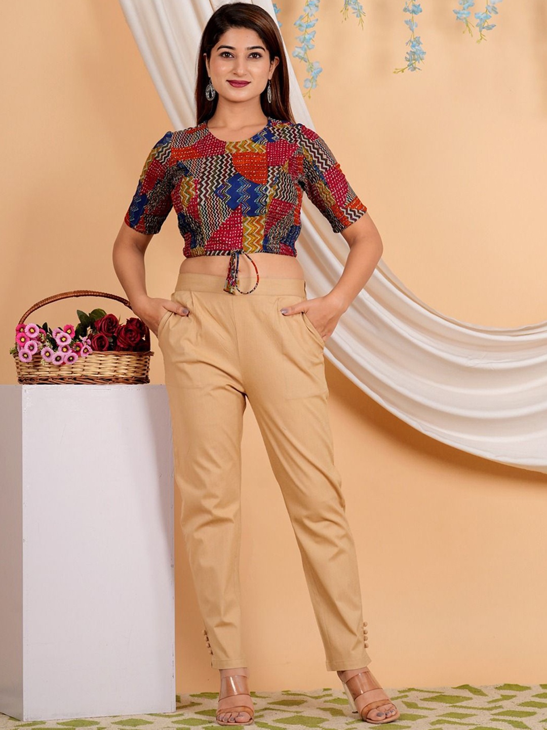 

IKRASS Printed Round Neck Saree Blouse, Red