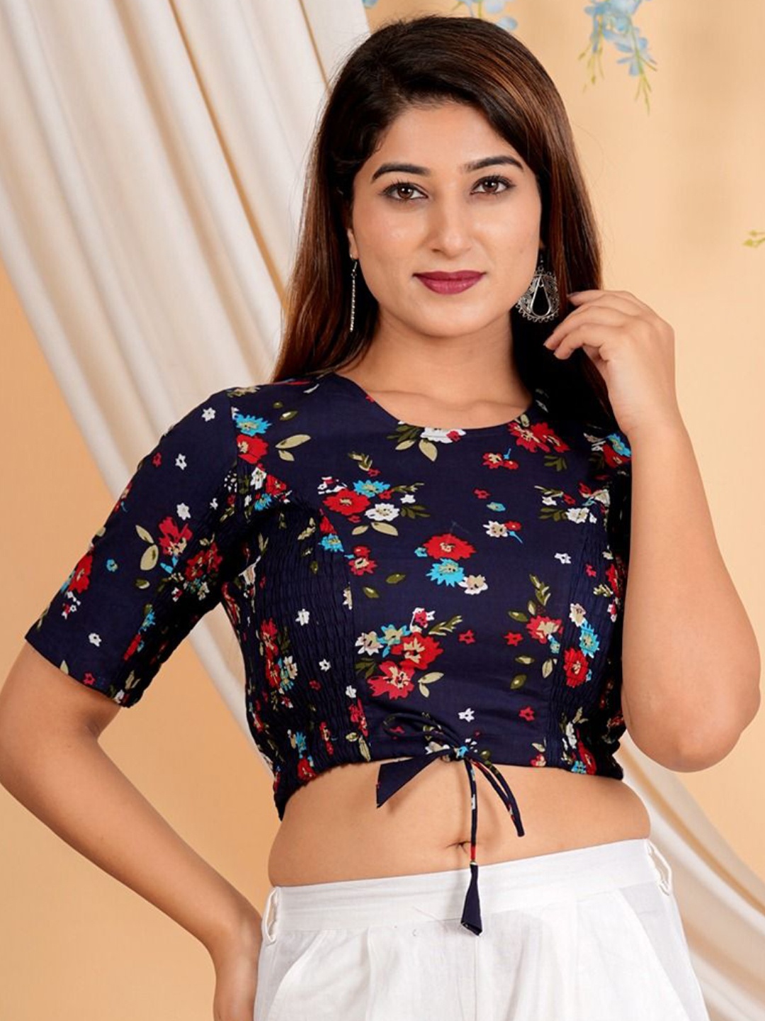 

IKRASS Women Printed Cotton Round Neck Saree Blouse, Blue