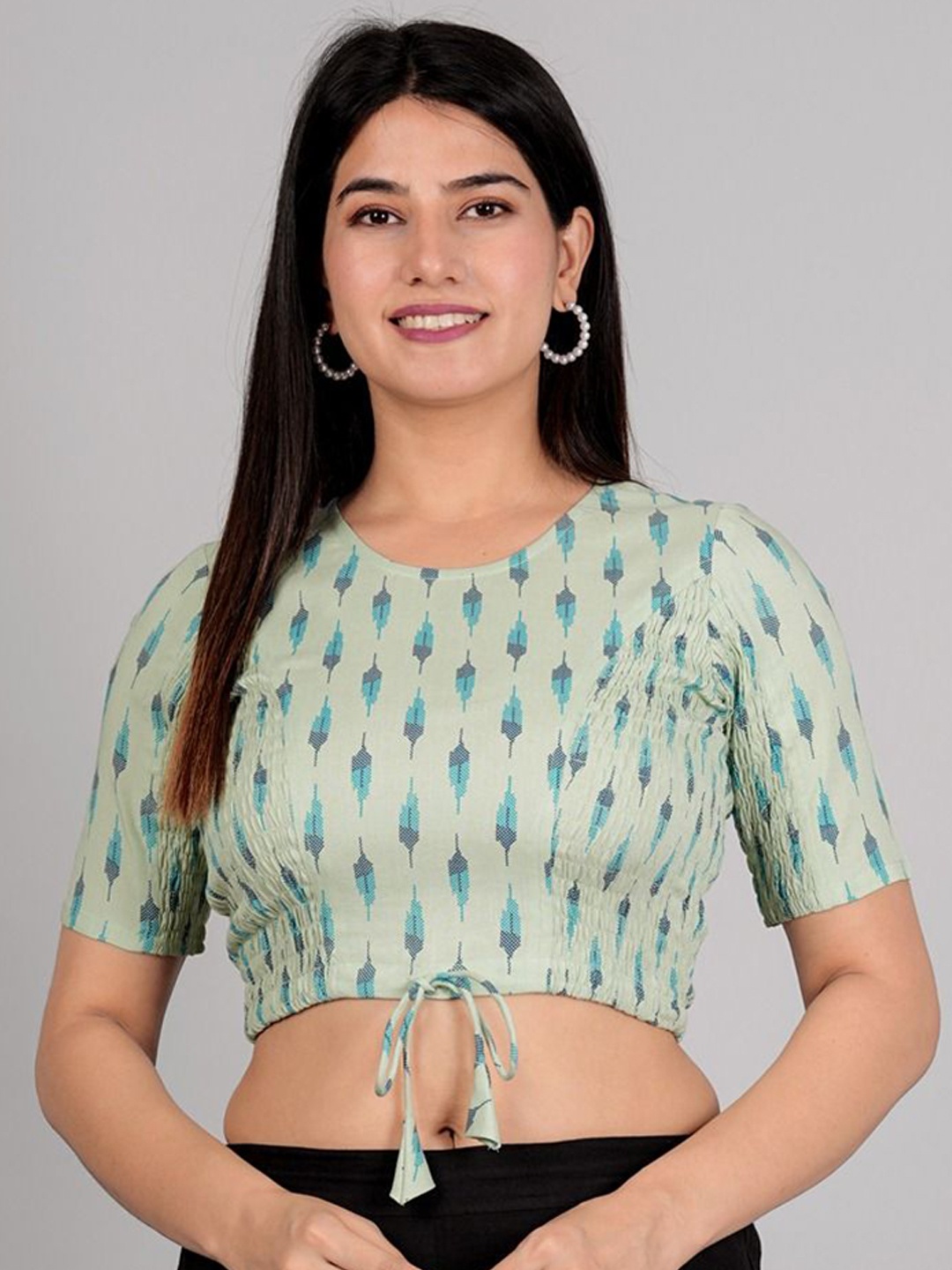 

IKRASS Printed Round Neck Slip-On Saree Blouse, Green
