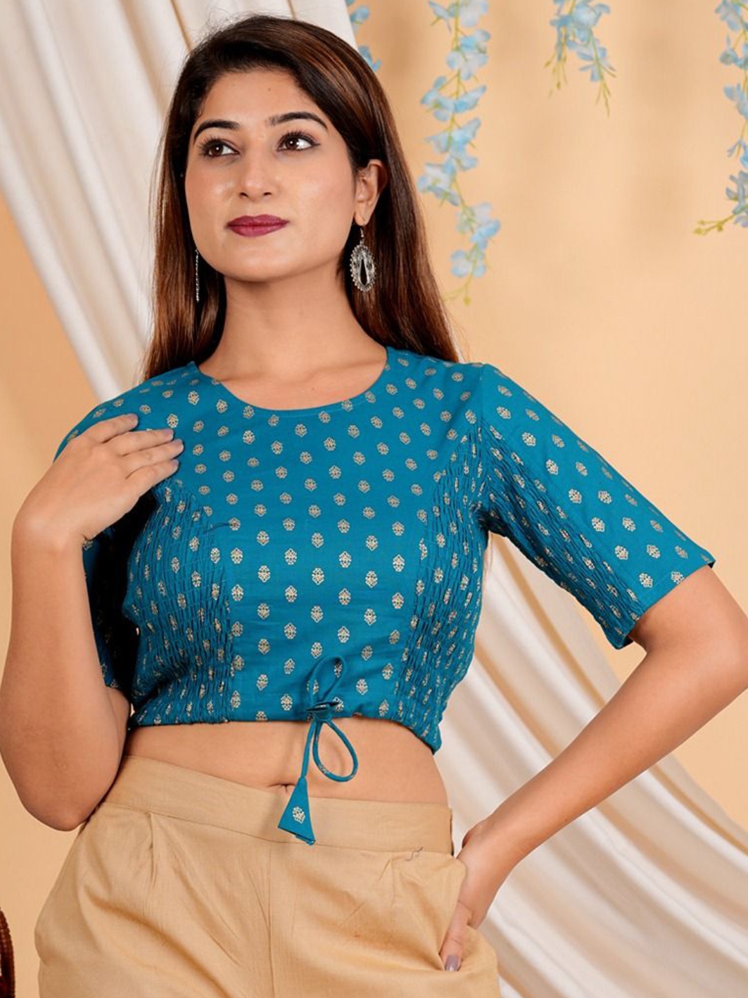 

IKRASS Women Printed Cotton Saree Blouse, Blue