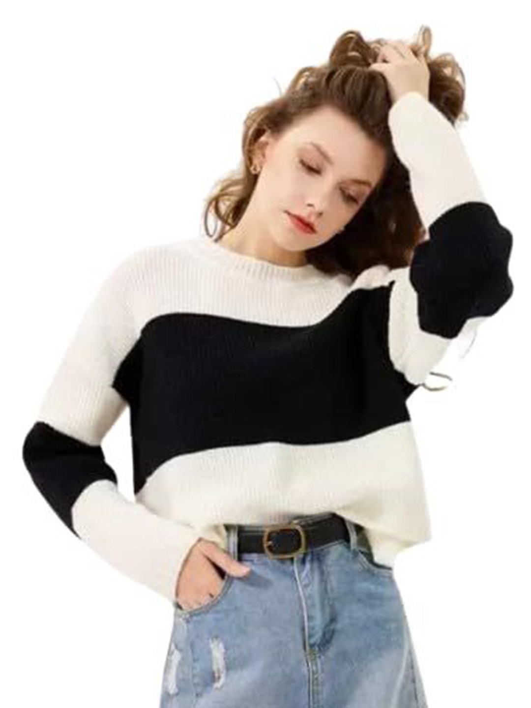 

ELEVEN Women Striped Drop-Shoulder Sleeves Cotton Crop T-shirt, White
