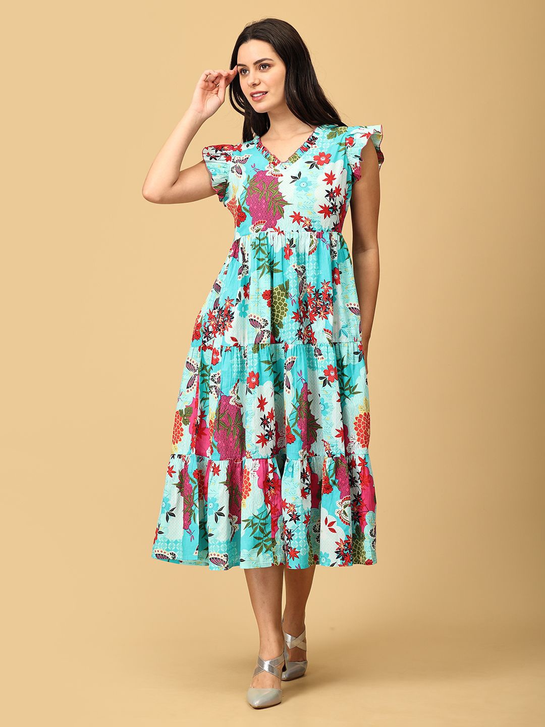 

The Woman Store Floral Printed Flutter Sleeves Fit and Flare Midi Dress, Blue