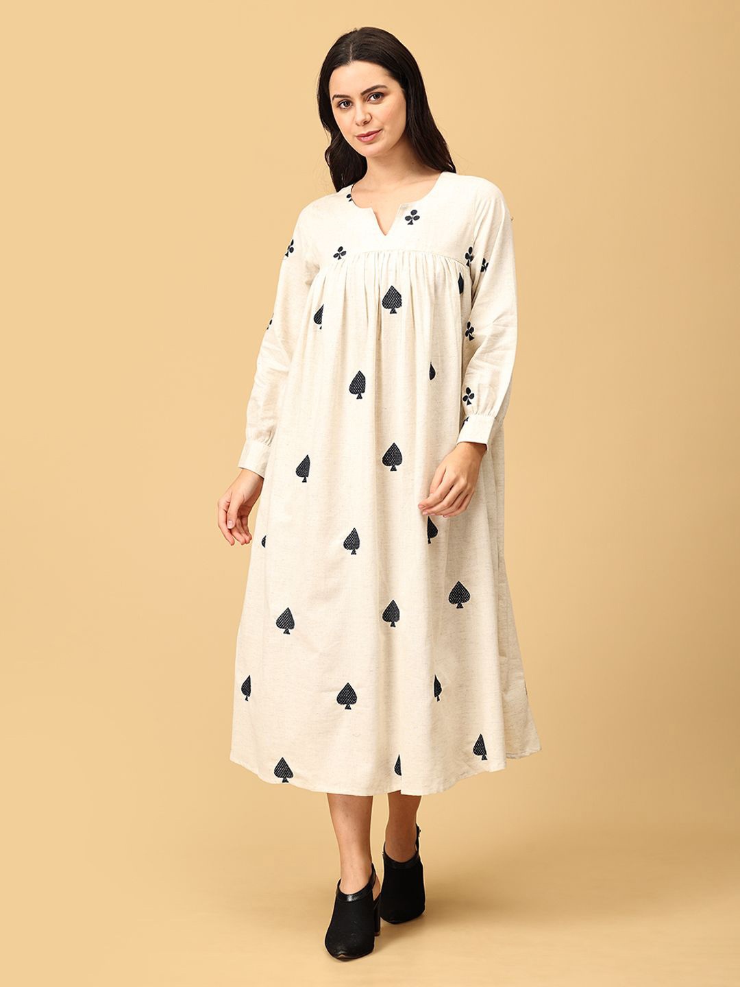 

The Woman Store Cotton Embroidered Cuffed Sleeves A-Line Midi Dress, Off white